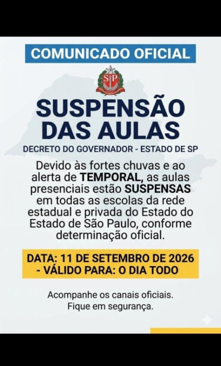 Aulas sÃ£o suspensas na sexta-feira e no sÃ¡bado em municÃ­pios de SP sob risco de temporal
