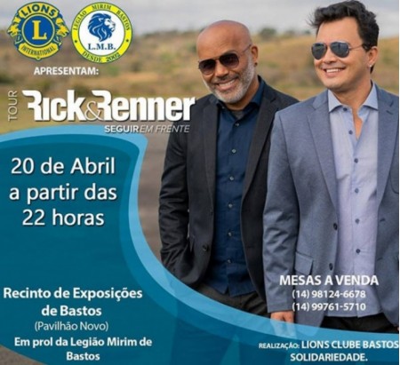 Rick e Renner fazem show solidário em Bastos neste sábado