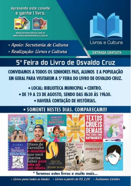 5ª Feira do Livro de Osvaldo Cruz acontece na semana que vem