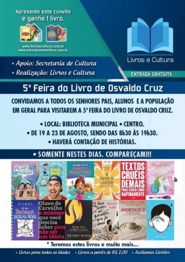 Comea hoje a 5 Feira do Livro de Osvaldo Cruz 