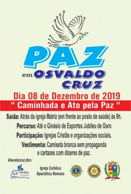 1ª Caminhada Ecumênica pela Paz de Osvaldo Cruz acontece neste domingo