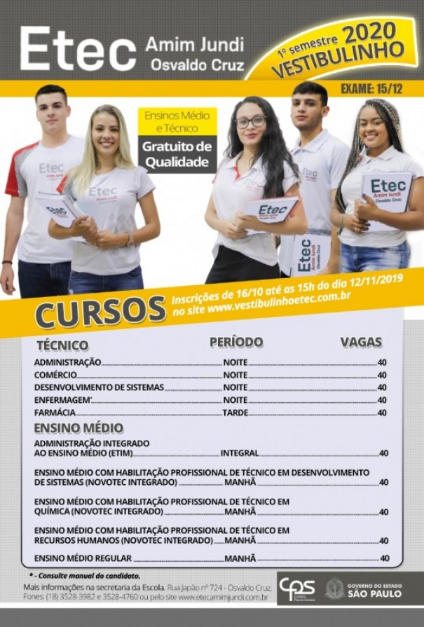 Prova do Vestibulinho 1 Semestre 2020 da Etec Amim Jundi acontece neste domingo (15)