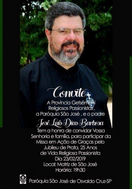 Convite: Missa em ação de graças aos 25 anos de vida religiosa Padre José Luís