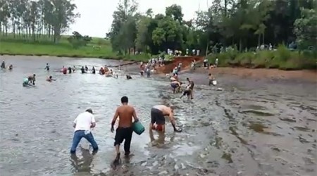 Represa se rompe e proprietário autoriza população a retirar peixes