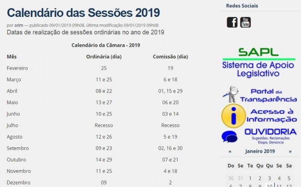 Cmara Municipal de Salmouro divulga calendrio de sesses ordinrias para 2019