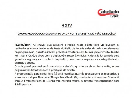 Chuva causa cancelamento da 2ª noite da Festa do Peão de Lucélia