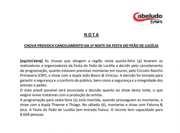 Chuva causa cancelamento da 2 noite da Festa do Peo de Luclia