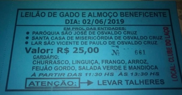 Almo�o e Leil�o Beneficente acontecem neste domingo em Osvaldo Cruz