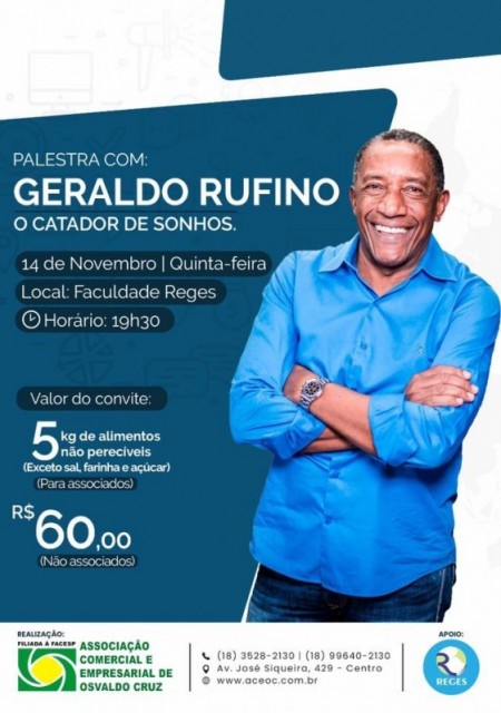 ACEOC promove hoje a palestra 'O Catador de Sonhos' com Geraldo Rufino