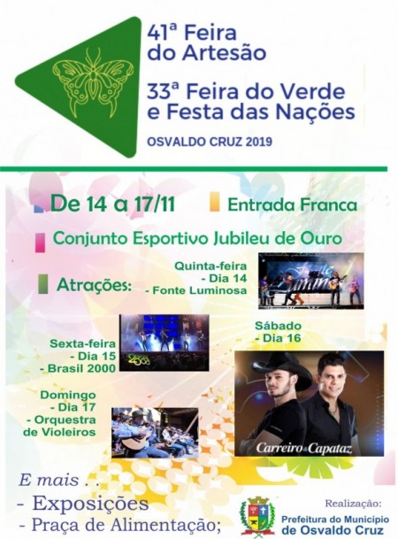 Feira do Artesão, Feira do Verde e Festa das Nações começam hoje em Osvaldo Cruz