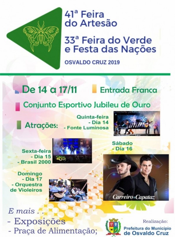 Feira do Arteso, Feira do Verde e Festa das Naes comeam hoje em Osvaldo Cruz