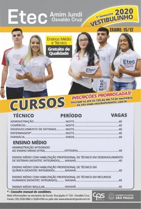 Prazo para inscrições para o Vestibulinho 1º Semestre 2020 da Etec Amim Jundi termina hoje