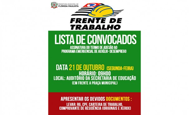 Frente de Trabalho convoca beneficiados em Flrida Paulista