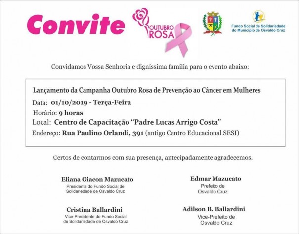 Fundo Social de Solidariedade de Osvaldo Cruz lana a Campanha Outubro Rosa 2019