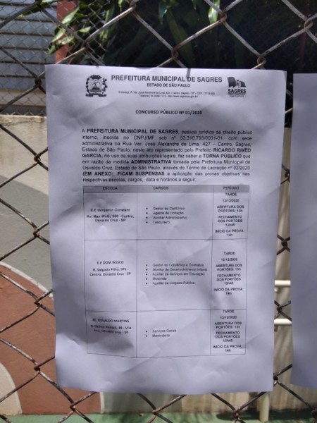 Falta de alvará adia realização das provas do Concurso da Prefeitura de Sagres 