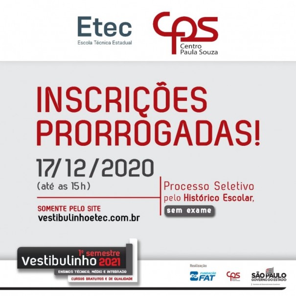 Prazo para inscri��es no Vestibulinho 1� Semestre 2021 da Etec Amim Jundi foi prorrogado