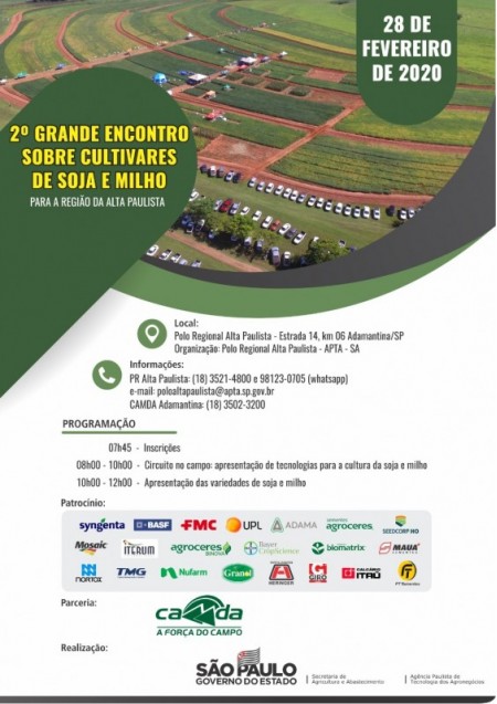 Apta e Camda abrem inscrições para o '2º Grande Encontro de Cultivares de Soja e Milho' em Adamantina
