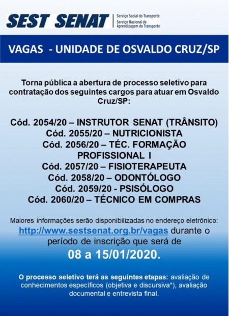 SEST/SENAT de Osvaldo Cruz abre processo seletivo para contratação de sete profissionais