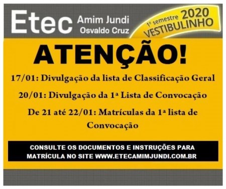 Lista de classificação geral do Vestibulinho da Etec Amim Jundi será divulgada nesta sexta-feira