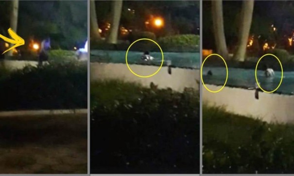 Casal � flagrado nadando nas �guas da fonte luminosa rec�m-reativada em Fl�rida Paulista