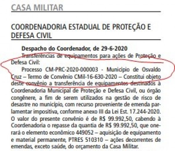 Defesa Civil de Osvaldo Cruz deve receber veculo no valor de R$ 100 mil