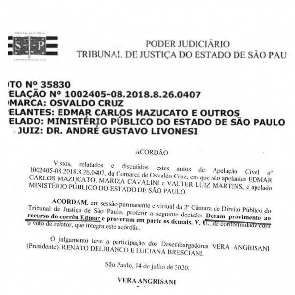 Tribunal de Justia de So Paulo julga improcedente ao da Promotoria de Osvaldo Cruz contra Mazucato, Marilza e Valtinho