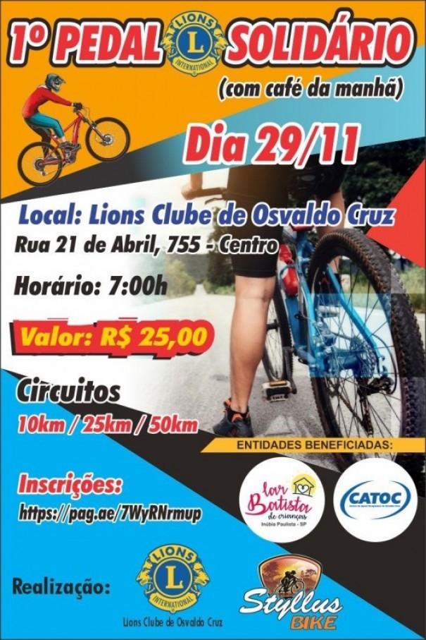 Lions Clube de Osvaldo Cruz realiza 1� Pedal Solid�rio neste domingo