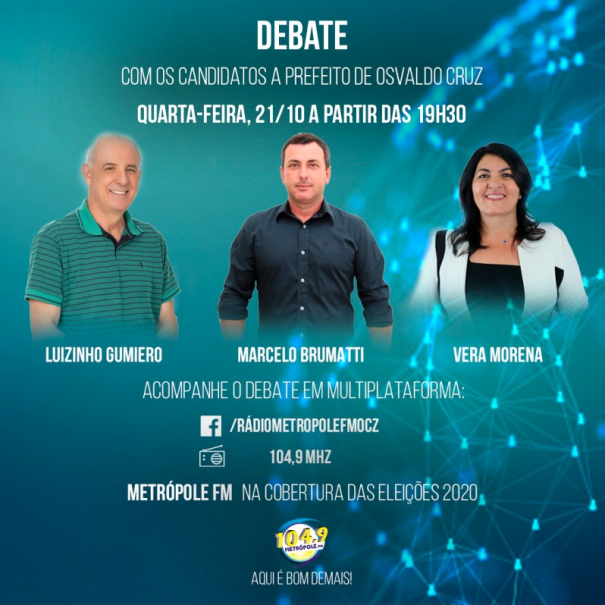 Metrpole FM promove hoje o primeiro debate entre candidatos a prefeito de Osvaldo Cruz