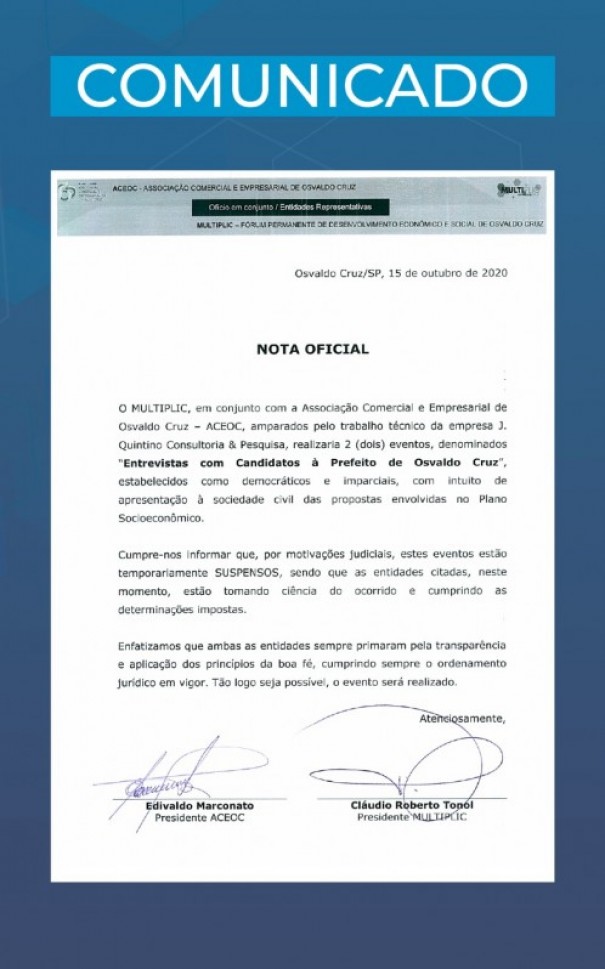 Multiplic e Aceoc emitem nota sobre suspenso da realizao de entrevistas com candidatos a prefeito de OC