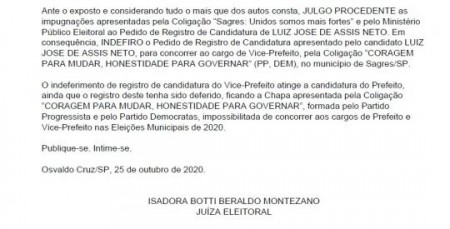 Justiça Eleitoral não autoriza registro de candidatura de Vice e chapa Beto Pires e Zé Luiz está barradas à disputa da Prefeitura de Sagres