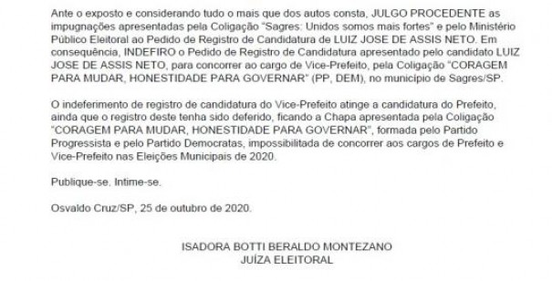 Justia Eleitoral no autoriza registro de candidatura de Vice e chapa Beto Pires e Z Luiz est barradas  disputa da Prefeitura de Sagres