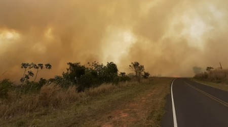 Rodovia tem trânsito bloqueado após incêndio e fumaça às margens da pista; passagem já foi liberada