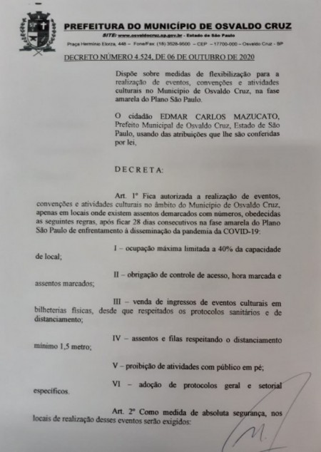 Prefeitura de OC edita decreto em que autoriza realização de eventos no município