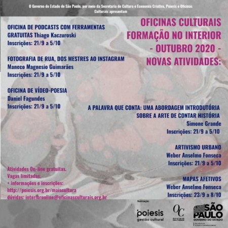 Confira as opções de oficinas culturais que acontecerão na segunda quinzena de outubro em Adamantina