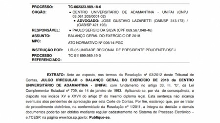Em sentença, Tribunal de Contas julga irregular as contas da UniFAI de 2018