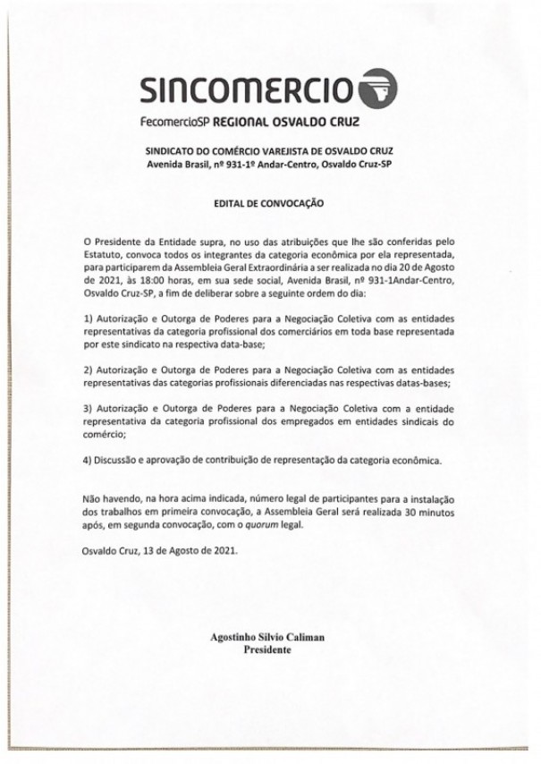 Sincom�rcio de Osvaldo Cruz convoca integrantes para Assembleia Geral Extraordin�ria
