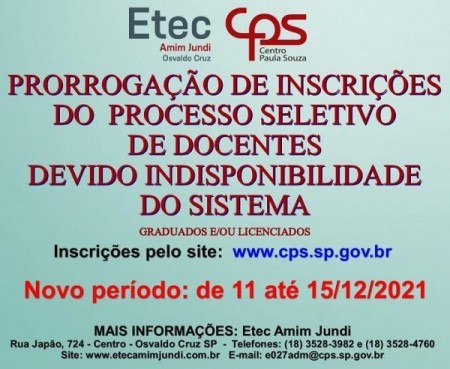 Termina hoje o período de inscrições para os processos seletivos de docentes da ETEC Amim Jundi