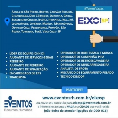 EIXO-SP está com vagas de emprego disponíveis na região