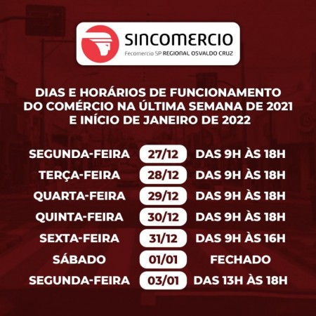 Saiba o horário de funcionamento do Comércio de Osvaldo Cruz neste final de ano