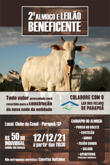 2º Almoço e Leilão Beneficente acontece neste final de semana em Parapuã