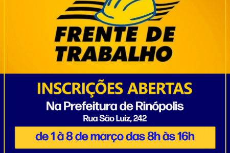 Prefeitura de Rinópolis abre inscrições para Frente de Trabalho na segunda