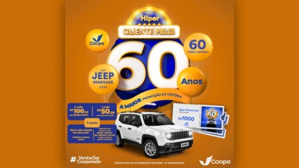 Come�a a promo��o Hiper Cliente Feliz Cocipa, com 1 Jeep Renegade e 60 vales-compra de R$ 1 mil