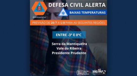 Defesa Civil confirma alerta de baixas temperaturas, entre -3°C e 0ºC para a região de Prudente
