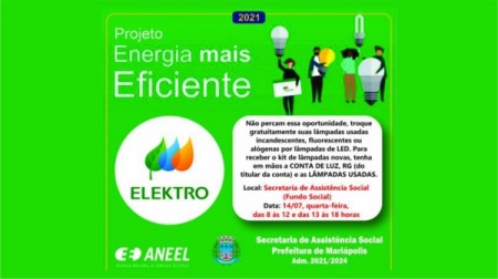 Parceria Prefeitura de Mariápolis e Elektro fará troca gratuita de lâmpadas usadas por lâmpadas LED