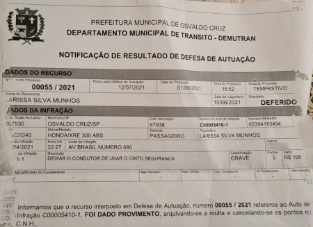 Departamento de Trânsito de Osvaldo Cruz cancela multa de motociclista autuada por não utilizar cinto de segurança