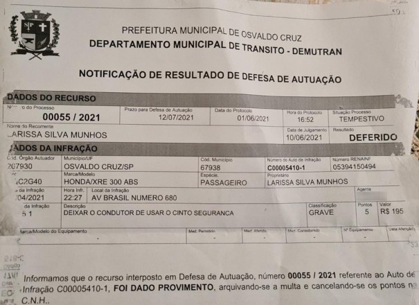 Departamento de Trnsito de Osvaldo Cruz cancela multa de motociclista autuada por no utilizar cinto de segurana