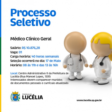 Prefeitura de Lucélia realiza Processo Seletivo para área da Saúde