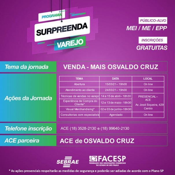 Aceoc, Sebrae e Facesp iniciam hoje o curso do Supreenda Varejo em Osvaldo Cruz