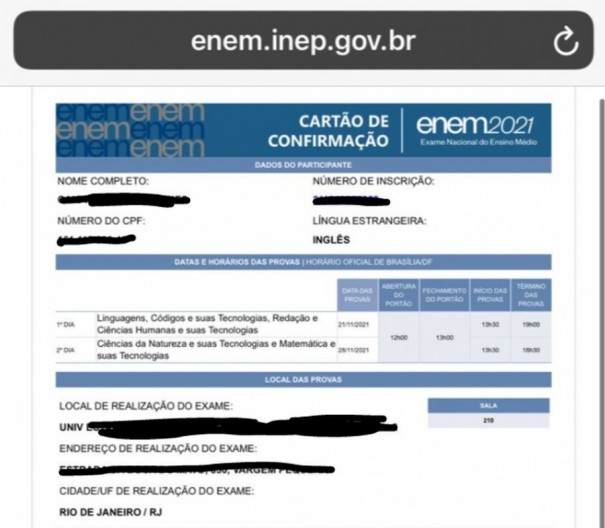 Enem 2021: carto de confirmao com local da prova  divulgado