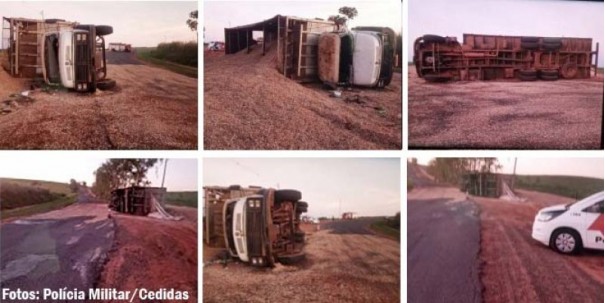 Motorista fica ferido em tombamento de caminh�o em vicinal de Queiroz 